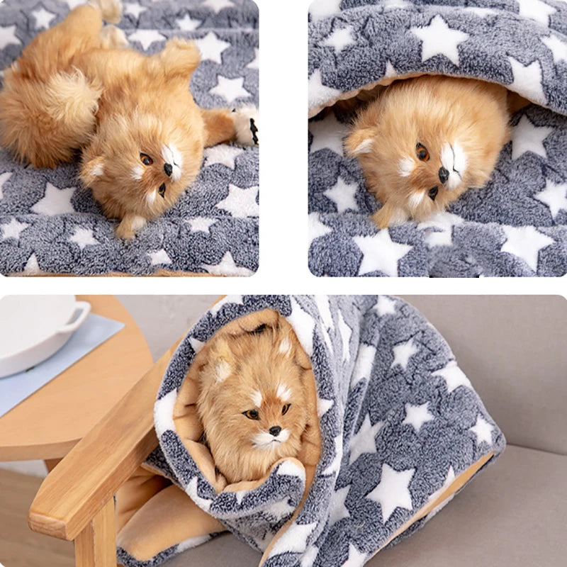 Tapis de couchage pour animaux, lit pour chiens, lit pour chats, fourrure douce, couverture épaissie, coussin en velours à usage domestique, empreinte chaude lavable, couverture motif étoile