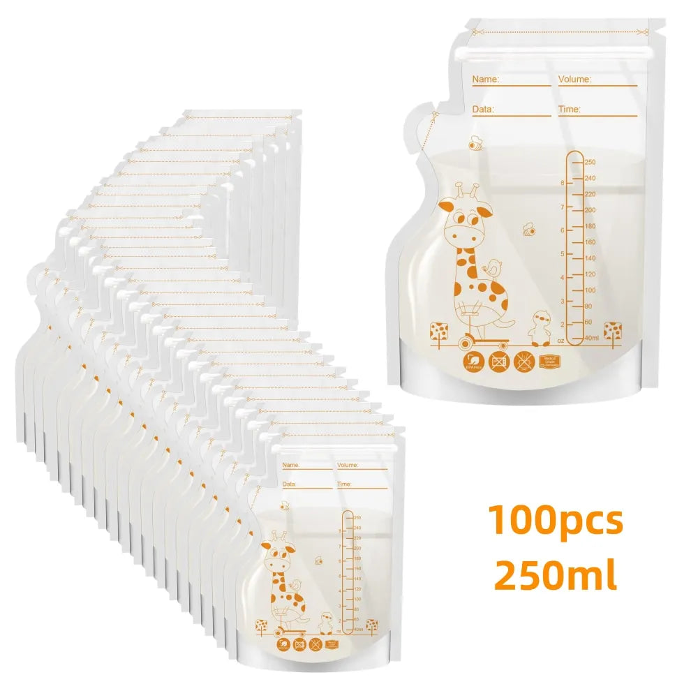 250ml 100pcs Sac de stockage de lait maternel Conteneurs de stockage d’aliments pour bébés autoportants Sacs de congélateur à lait sans fuite Aliment sûr BPA Exempt