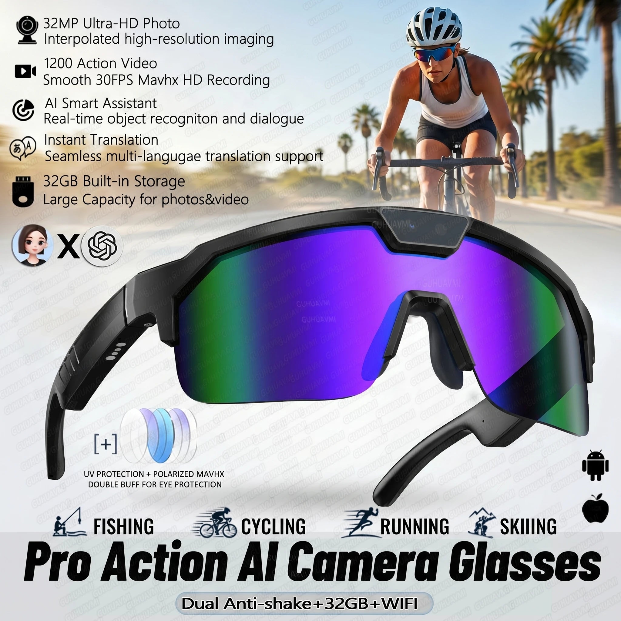 Lunettes 800W Caméra HD Anti-shake Vélo Prise de vue Artifact Lunettes coupe-vent