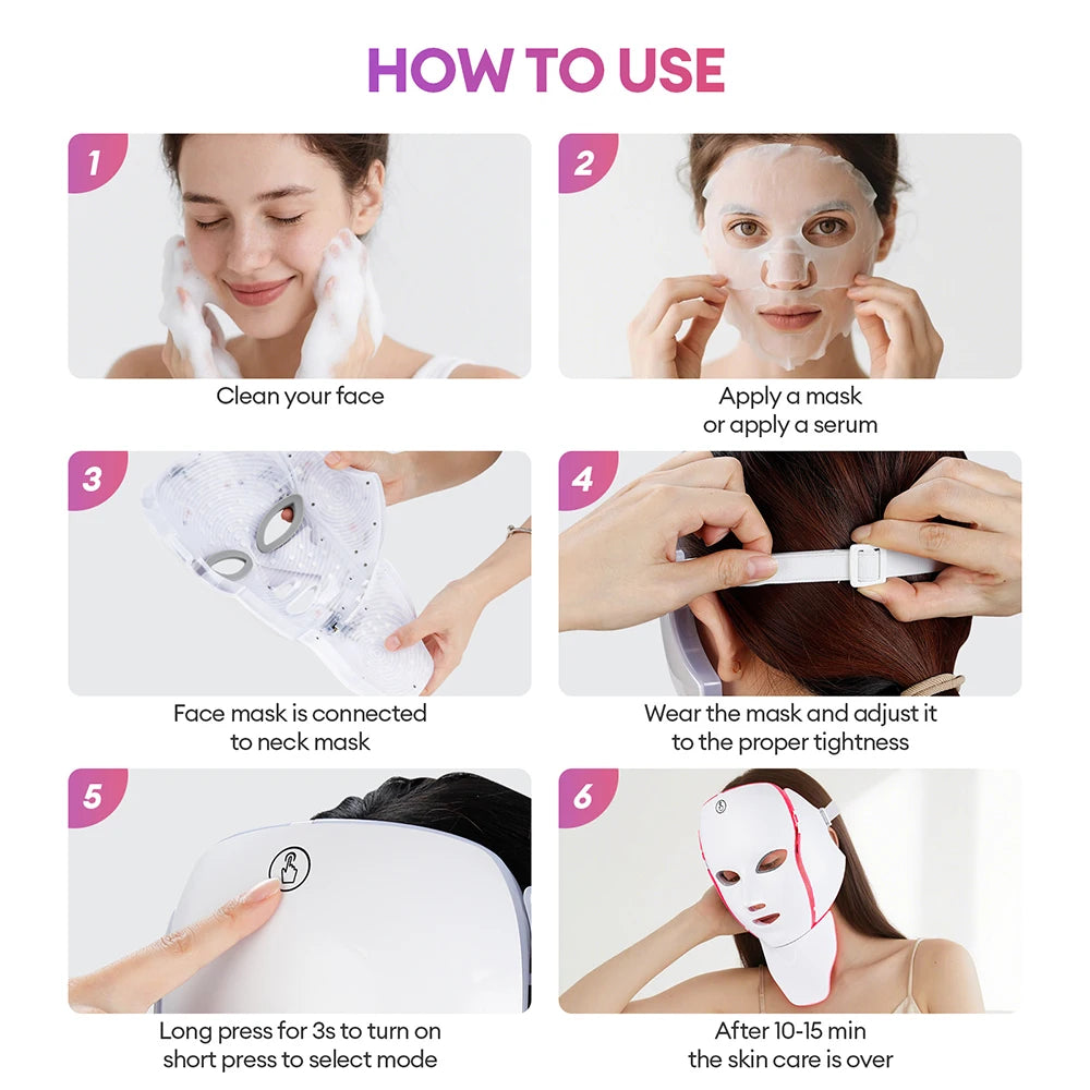 Masque facial à LED en 7 couleurs avec cou, masque photonique à LED, rajeunissement de la peau, appareil de beauté anti-acné, lifting du visage, masseur ferme