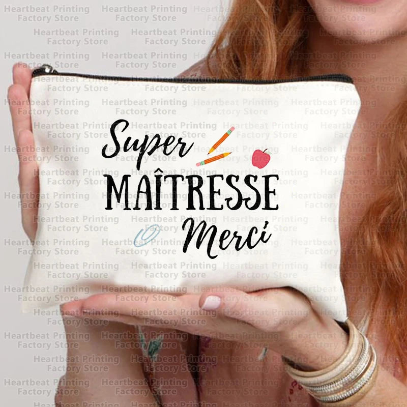 Merci Maîtresse Imprimer Sac de cosmétiques de voyage Sac de rouges à lèvres Trousse Pochette Sacs pour femmes Cadeau de retour à l’école